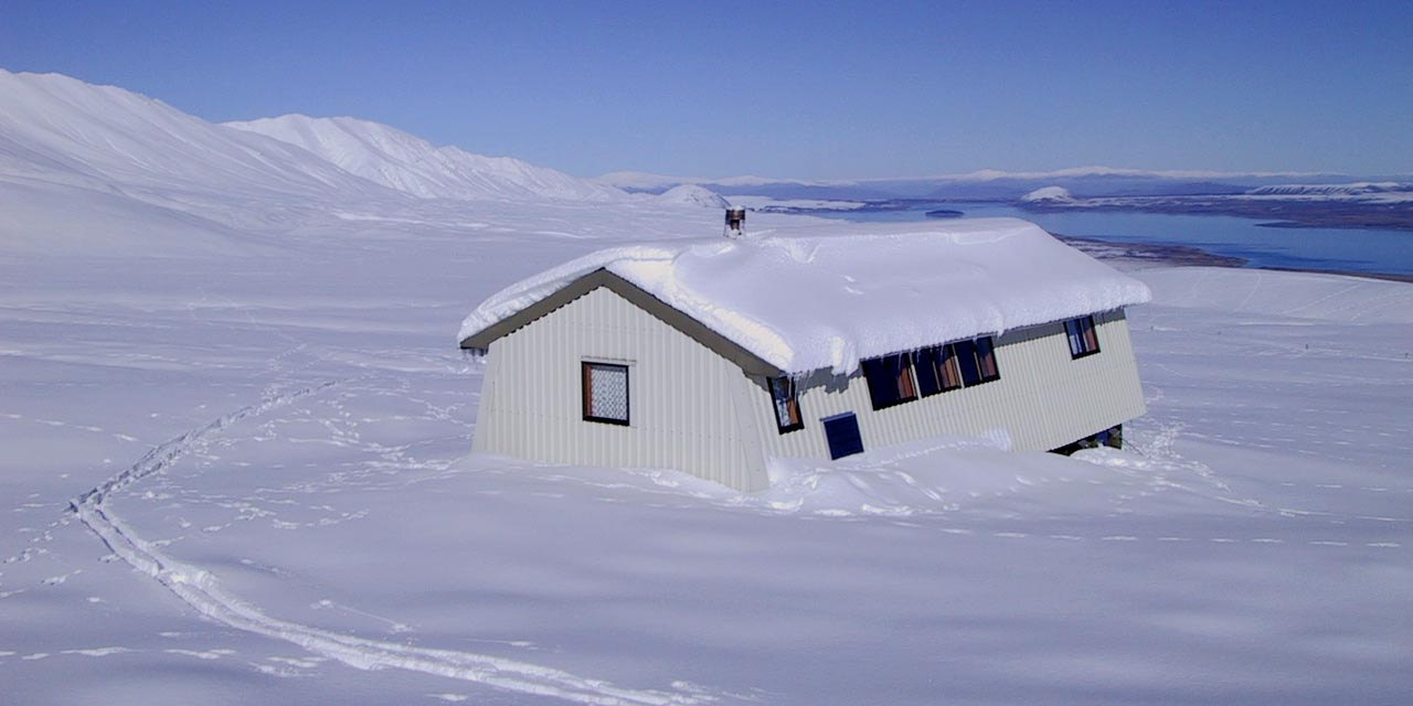 Rex Simpson Hut is a great base for snowshoe hikes in the Two Thumb Range