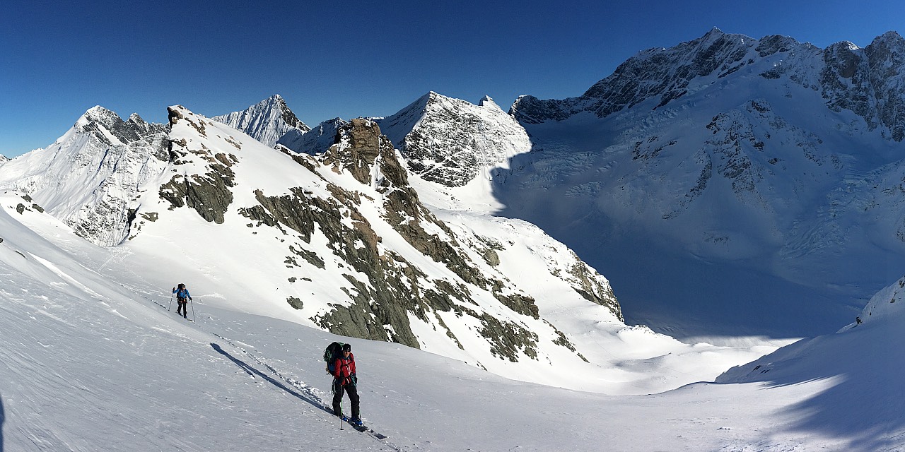 Skinning up the Williams Glacier, Welchman and Bannie Glaciers in the background