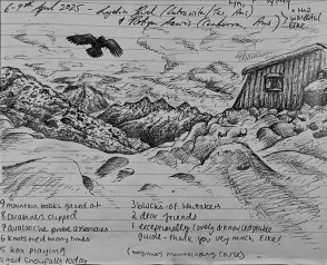 The Caroline Hut visitor’s book collects many great stories and artworks - this one is from last week’s Introductory Mountaineering Course 😊
🔗 https://alpinerecreation.com/climb/mountaineering-and-climbing-courses/introductory-mountaineering-course
#MountainSkills #Mountaineering #Crampons #IceAxe #AlpineClimbing #AvalancheAwareness #AvalancheSkills #CarolineHut #SnowStorm #BallPass #Aoraki #AorakiMountCook #AorakiMountCookNationalPark #MountainGuide #WeAreIFMGA #NZMGA
@nzmga @nz_mackenzie Two Thumb Range Adventures - MSC Avalanche Skills Course 2 - #289