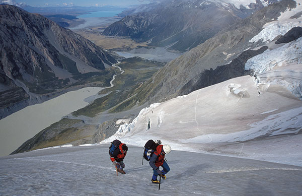 Climbers on the Stewart Glacier, high above the Hooker Valley.