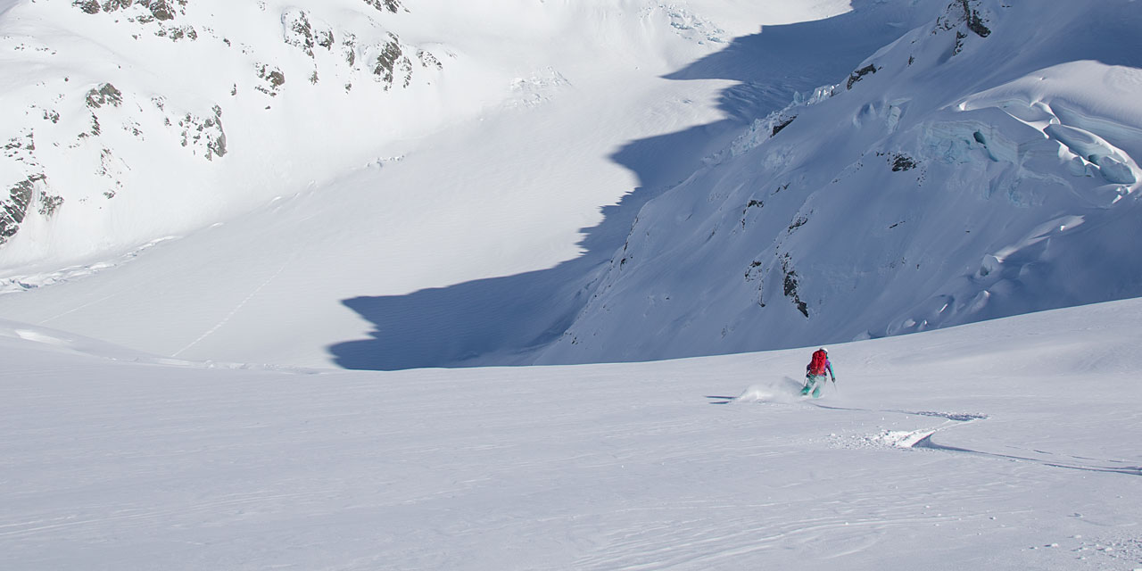 First tracks on the ski descent from Classen Saddle
