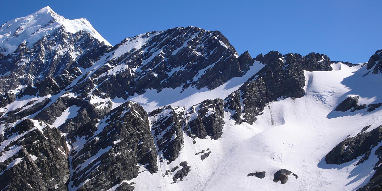 The South Face of Turner Peak with Aoraki Mount Cook to the left and Ball Pass to the right